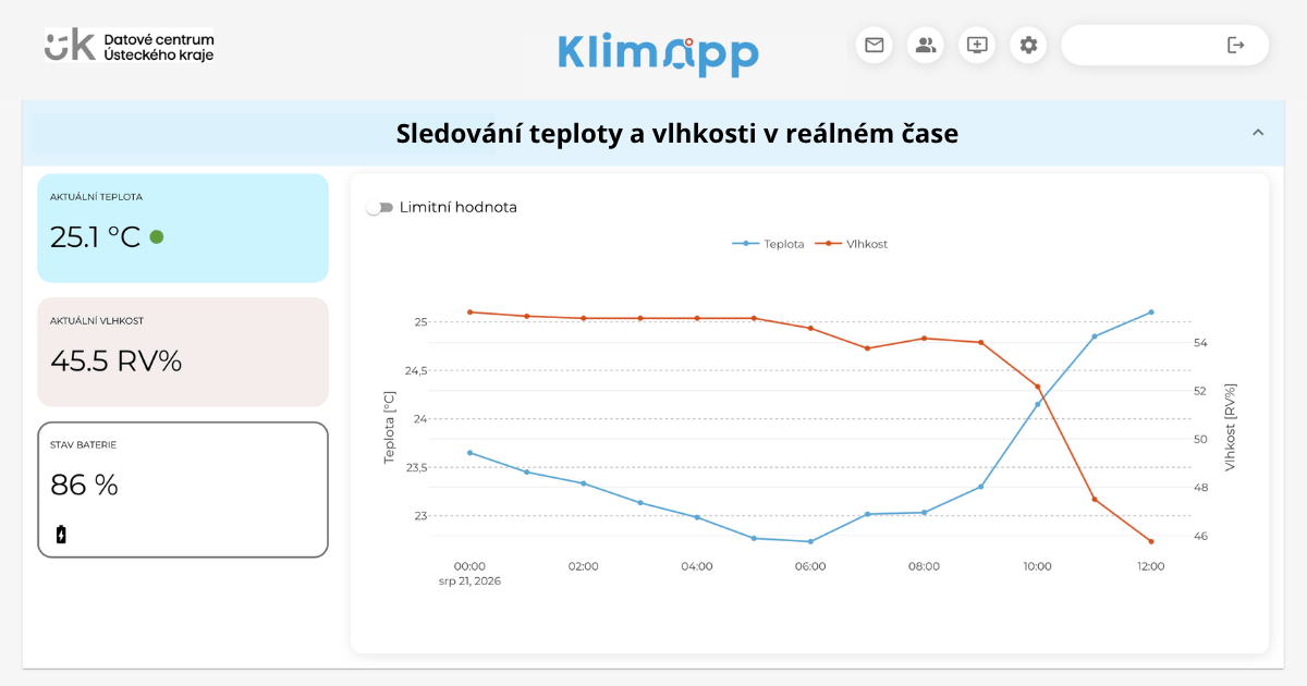 Ukázka aplikace Klimapp pro sledování teploty a vlhkosti.
